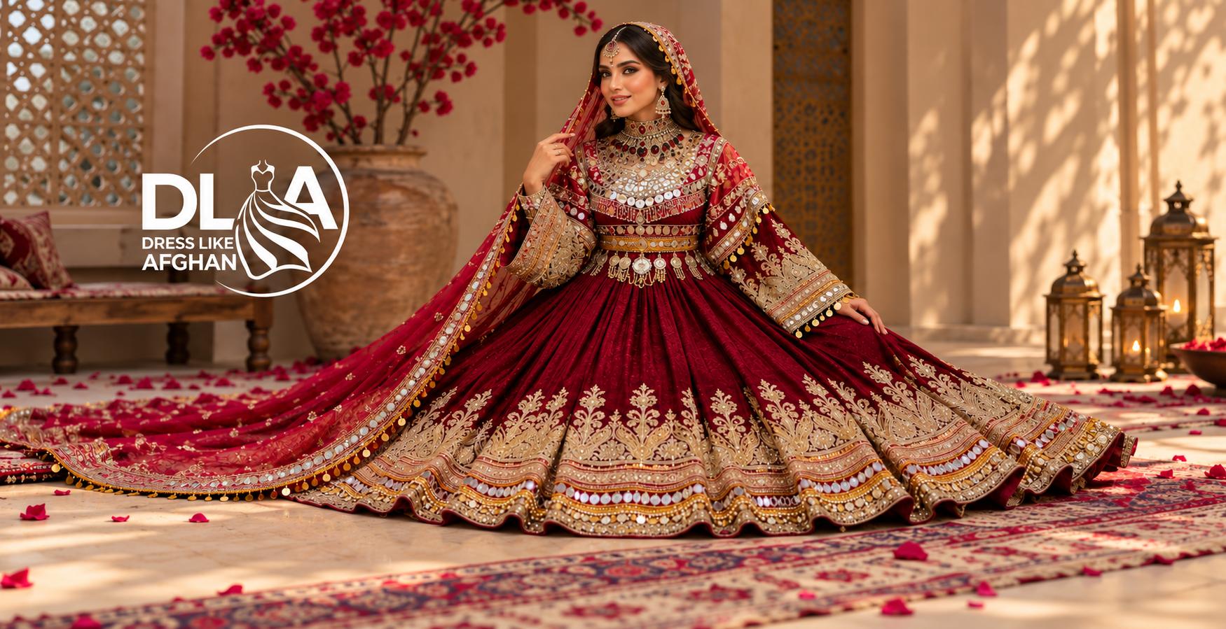 Afghan Bridal Elegance in Maroon and Gold (1)